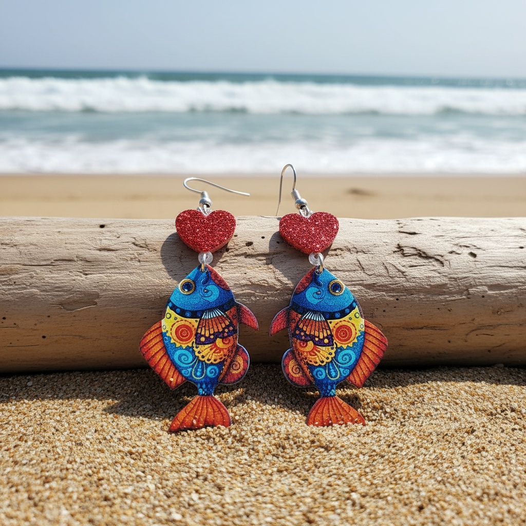 Women's Handmade Iridescent Fish and Heart Pendant Drop Earrings